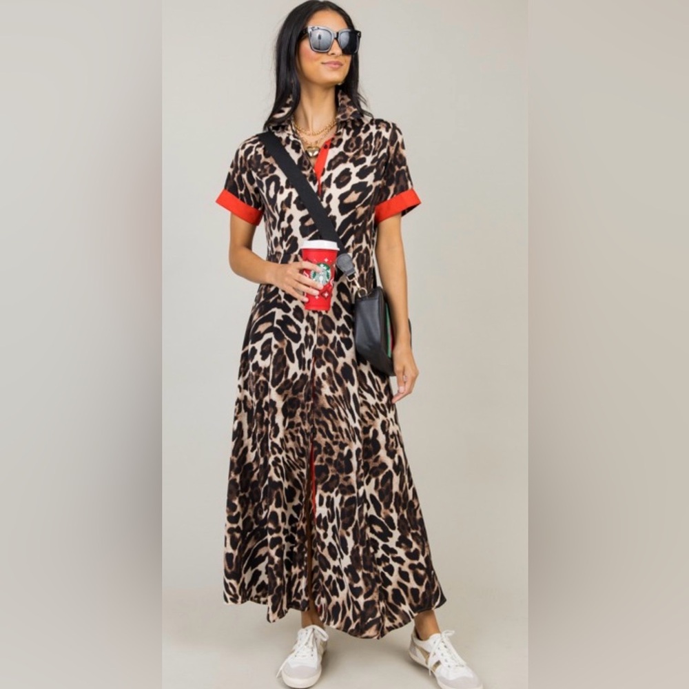 Q2 Leopard Print Midi Dress with Red Details
